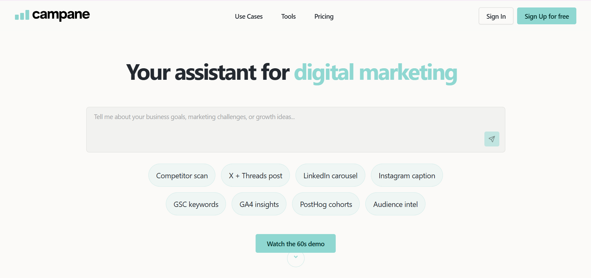 Campane Homepage - AI Virtual CMO for solopreneurs