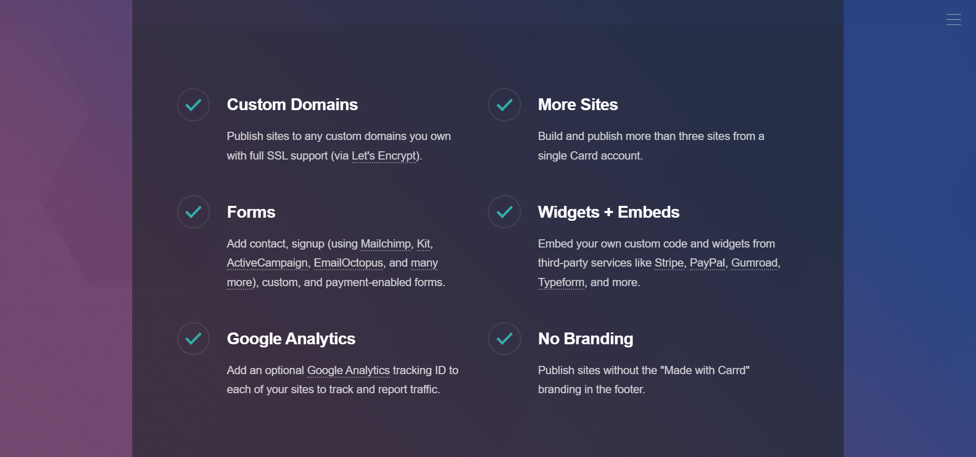 Carrd Features - Responsive design, widget support, and drag-and-drop interface