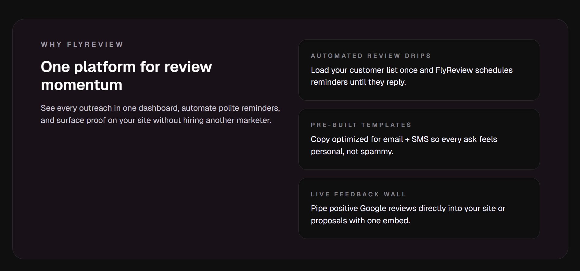 Fly-Review Features - Smart CSV validation, one-click campaigns, privacy-focused design