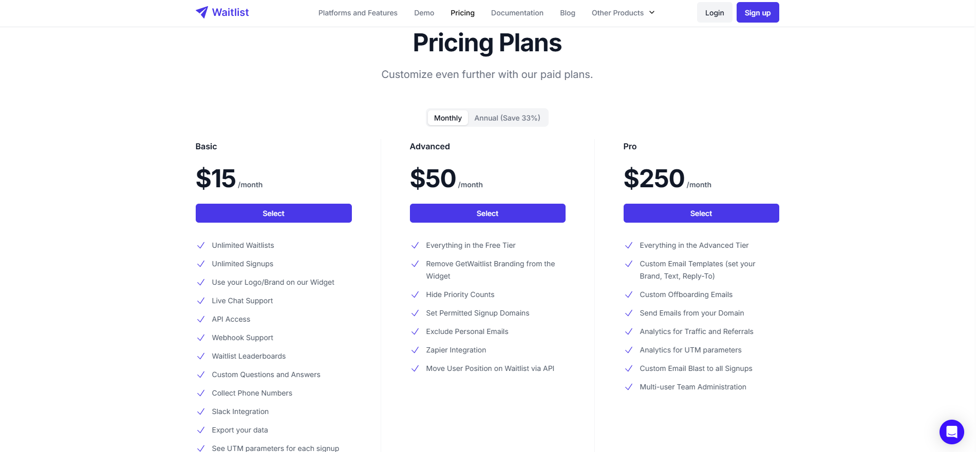 Waitlist Pricing - Startup-friendly pricing starting at $15/month