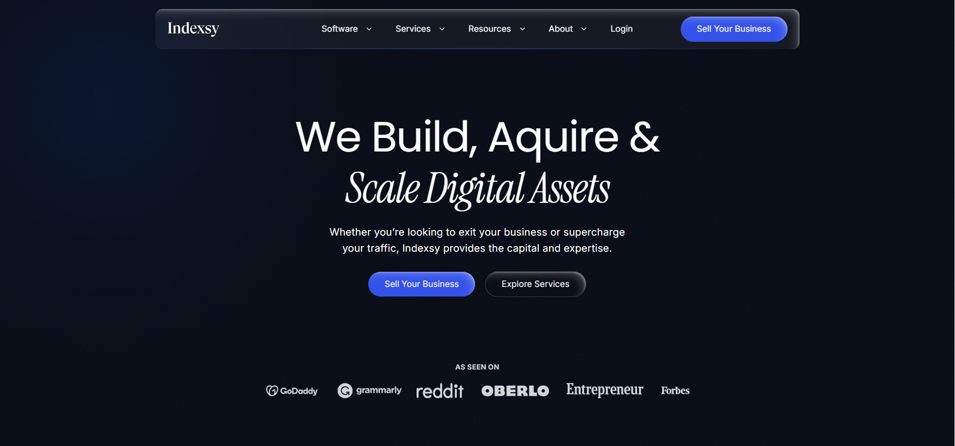 Indexsy Homepage - SEO agency and digital asset firm dashboard showing niche edits and business acquisition services