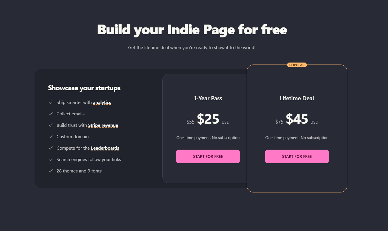 IndiePage Pricing - One-time payment options for 1-year pass and lifetime deal