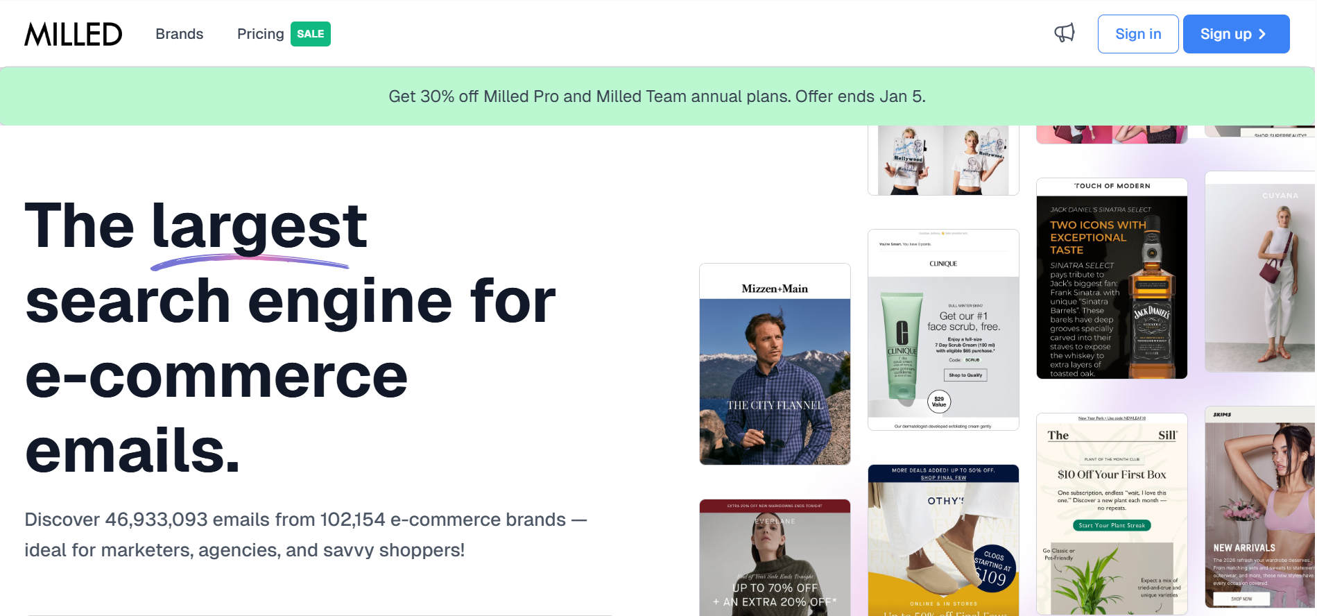 Milled Homepage - Email search engine showing archived newsletters from e-commerce brands