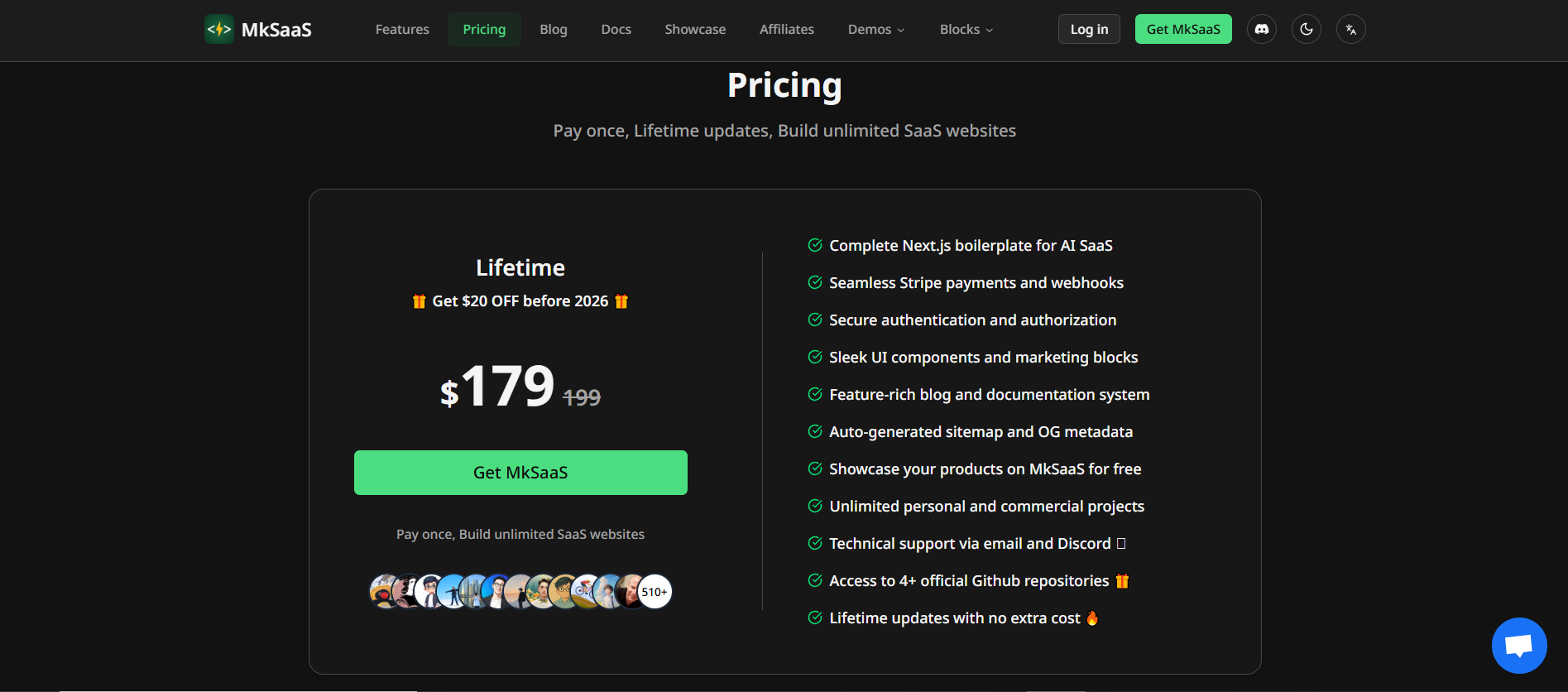 MkSaaS pricing information