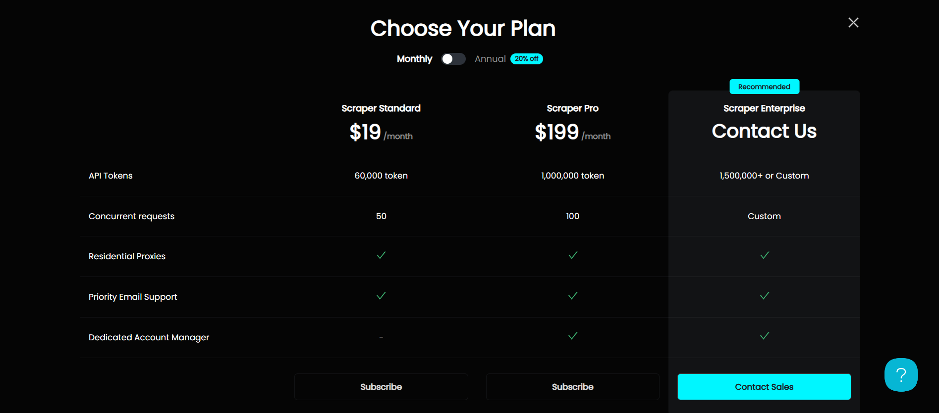 MrScraper Pricing - Subscription plans for different data needs
