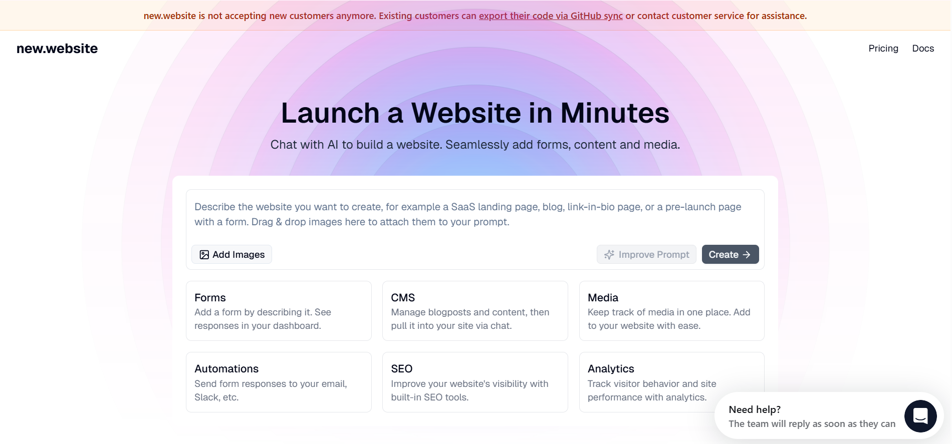 New.Website Homepage - Chat-to-build website builder