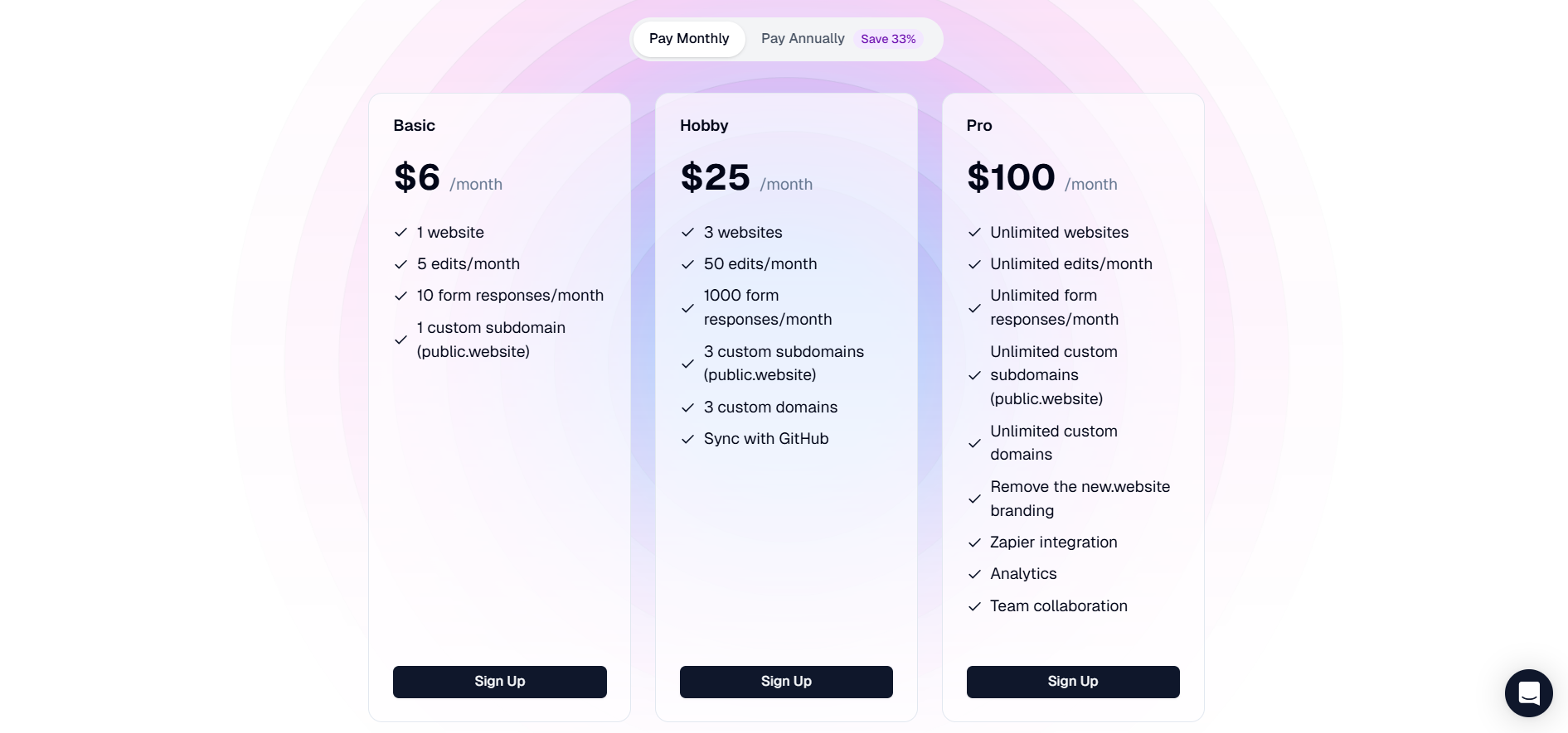 New.Website Pricing - Basic, Hobby, and Pro tiers