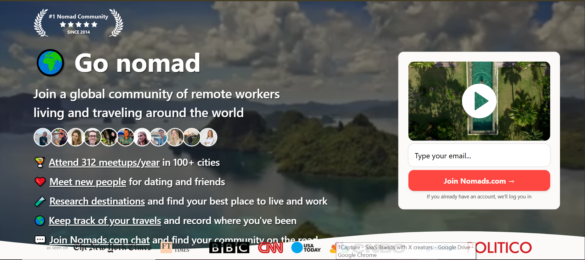 Nomads.com Homepage - Digital nomad destination database showing city rankings and nomad scores