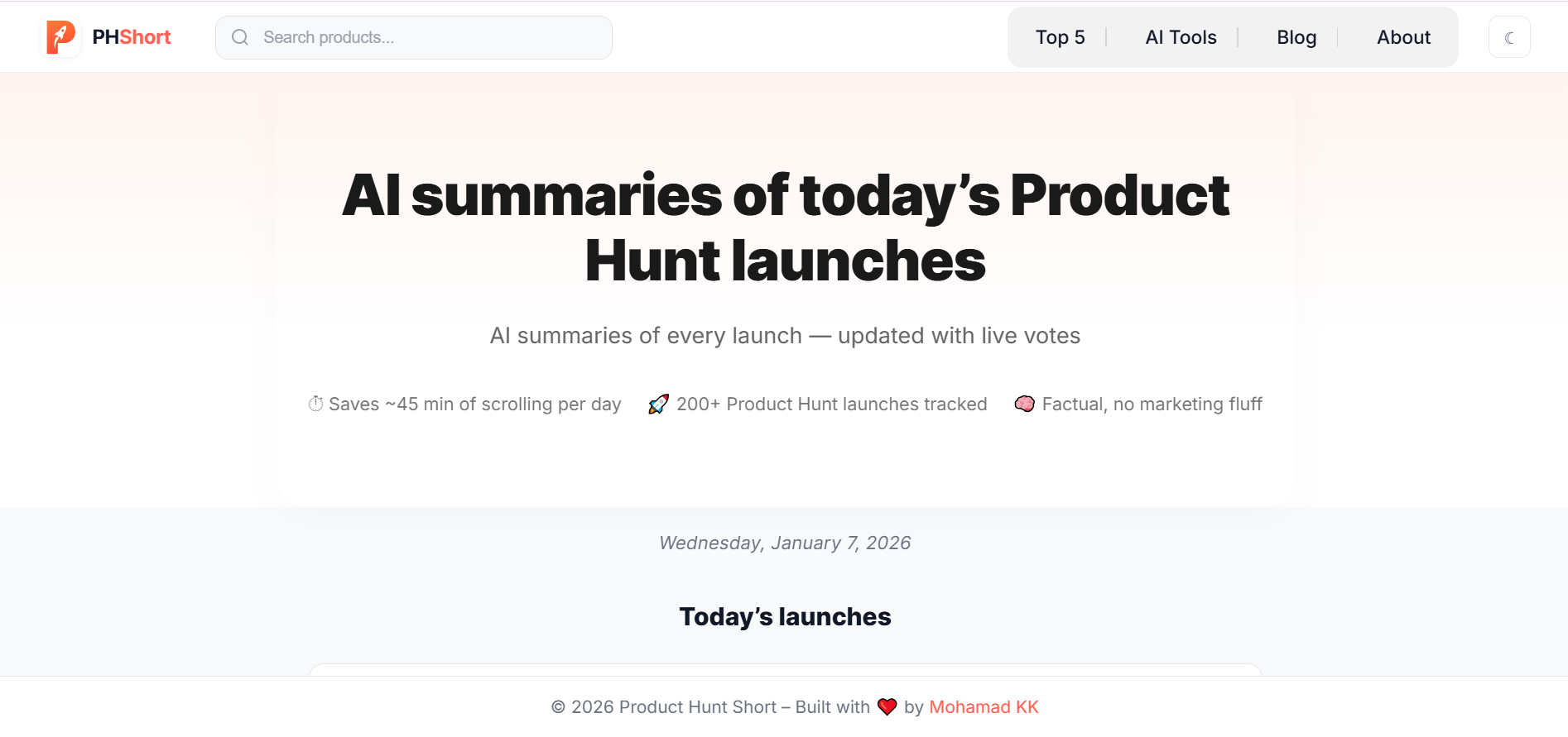 Ph Short Homepage - Daily digest for Product Hunt addicts