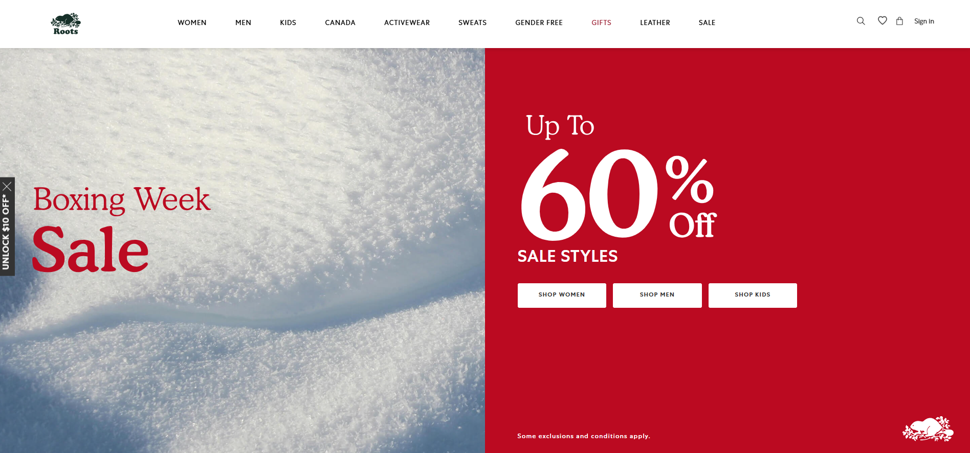 Roots Homepage - Canadian lifestyle brand showing premium fleece and leather goods