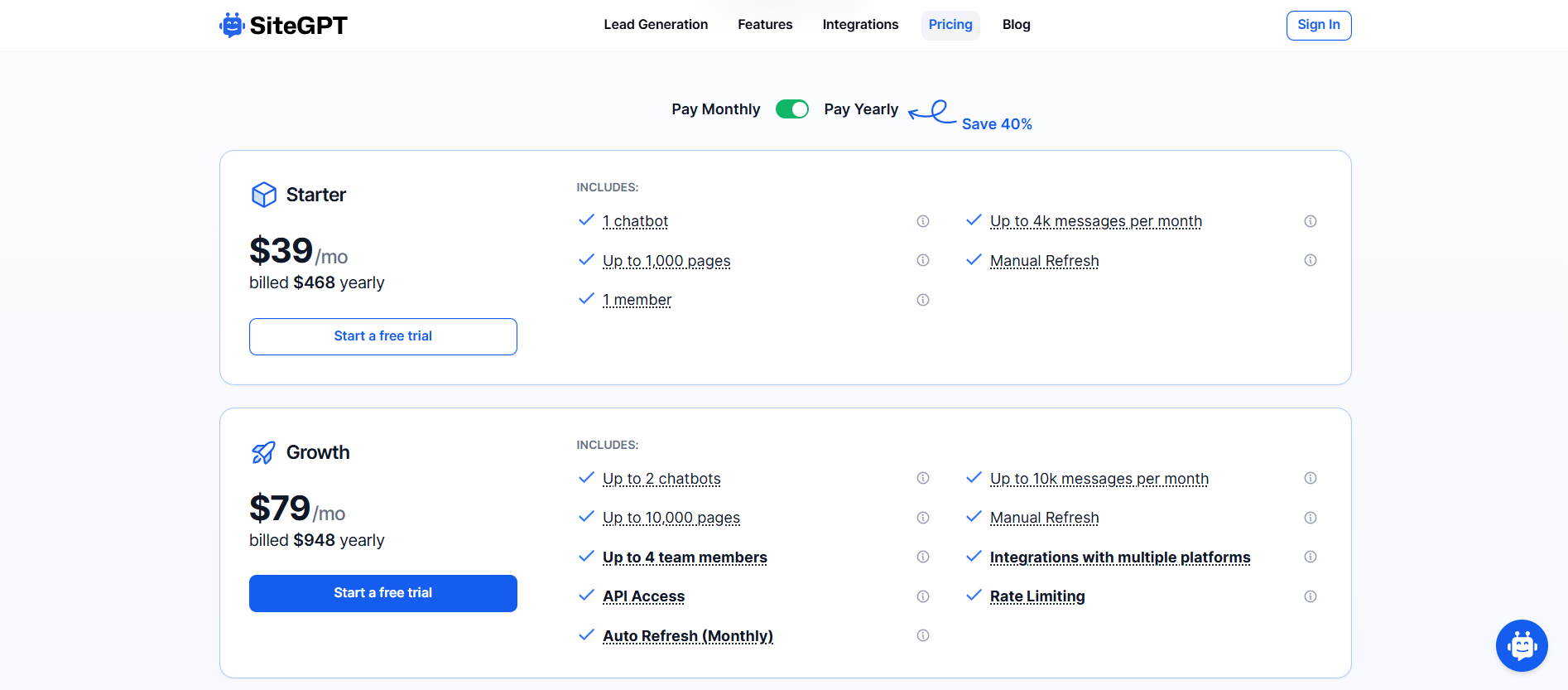 SiteGPT pricing information