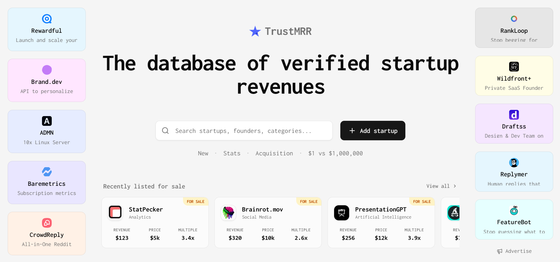TrustMRR Homepage - Verified SaaS revenue leaderboard