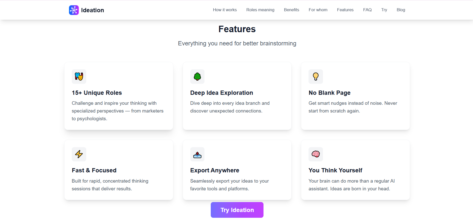 TryIdeation Features - 15+ unique roles, idea sketches, and deep exploration