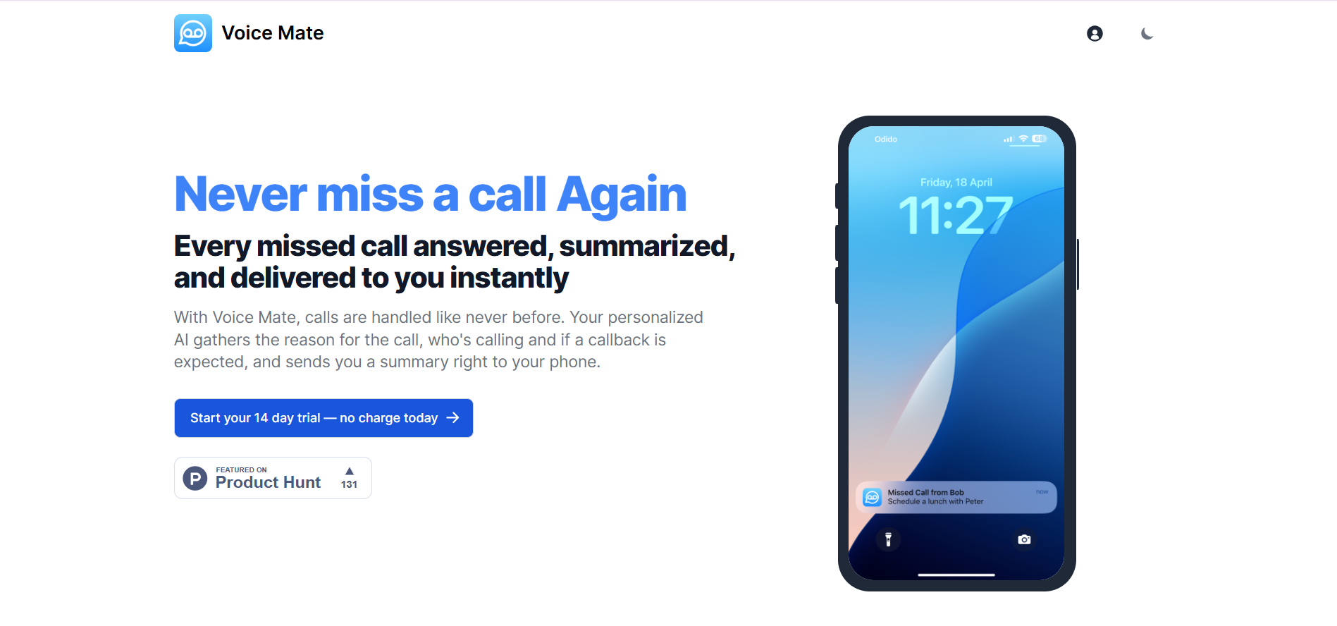 Voice Mate Homepage - AI voicemail assistant