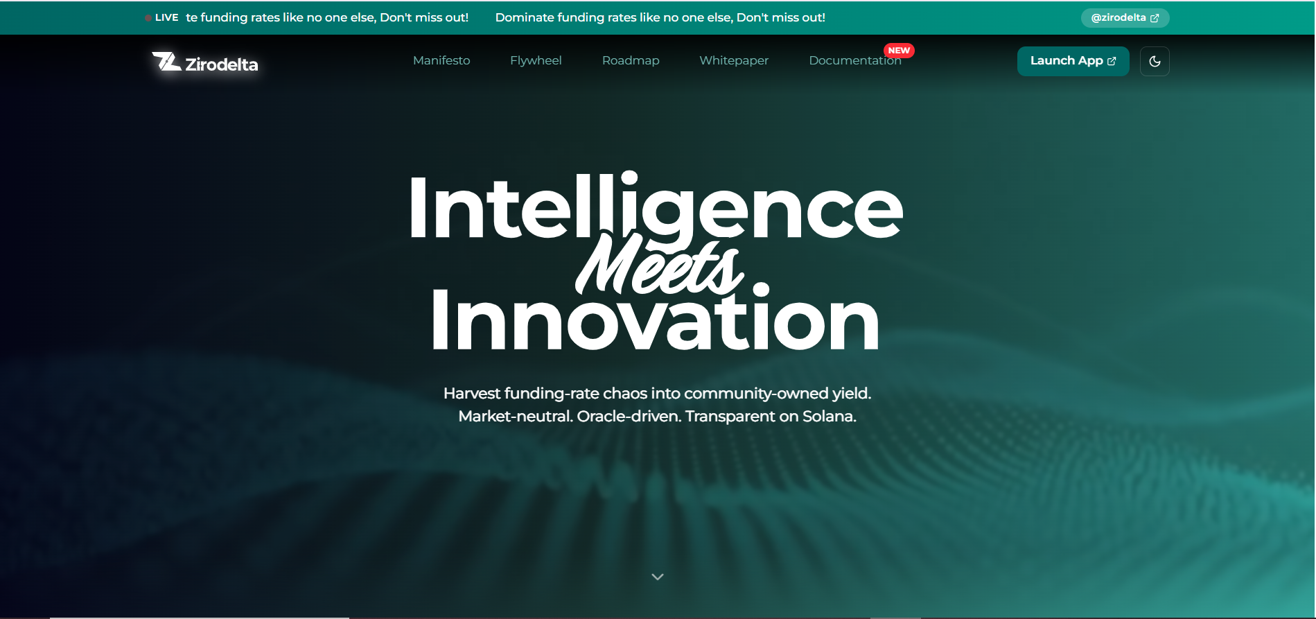 Zirodelta Homepage - Conditional Finance DeFi platform dashboard showing analytics and funding rate opportunities